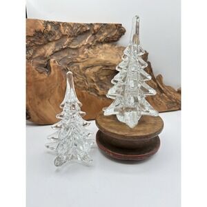 Two Vintage Heavy  Blown Art Glass Christmas Trees 5.5" And 6" Decor Pine Lodge